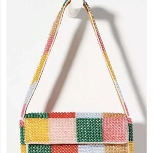Anthropologie Beaded Patchwork Shoulder Bag in Green, Pink, Yellow, Red, White
